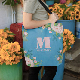 Stijlvolle roze roze monogram Eenvoudige Floral Tote Bag