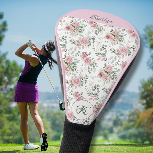 Stijlvolle Roze Rozen Naam Monogram Golfheadcover