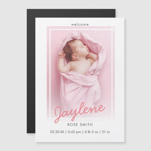 Stijlvolle roze script foto geboorte aankondiging (Voorkant / Achterkant)