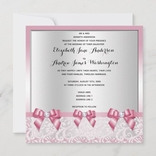 Stijlvolle roze strikken & kanten bruiloft kaart