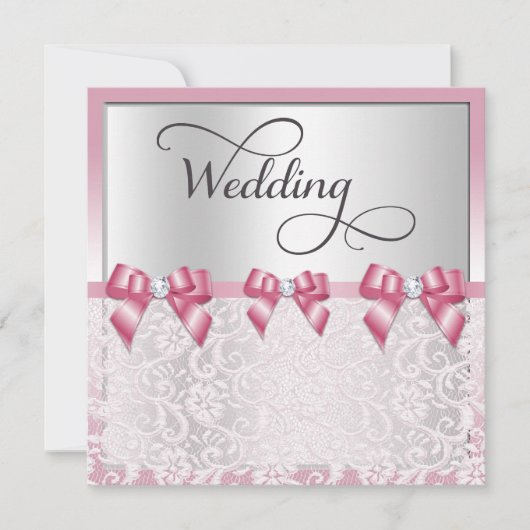 Stijlvolle roze strikken & kanten bruiloft kaart (Voorkant)