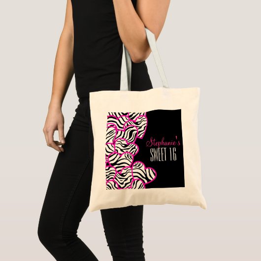 Stijlvolle Roze Sweet 16 Zebra Heart Design Naam Tote Bag (Voorkant (product))