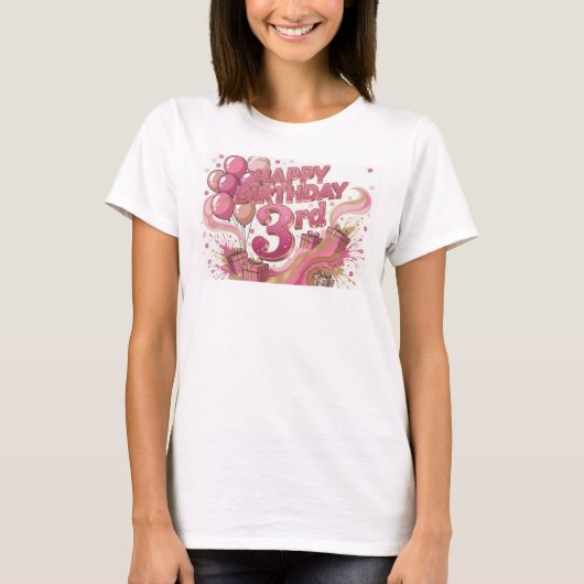 Stijlvolle Roze VERJAARDAG 3RD Slogan T-shirt (Voorkant)