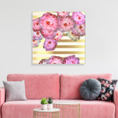 Stijlvolle roze volken op gouden horizontale strep canvas afdruk (Insitu (Woonkamer))