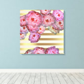 Stijlvolle roze volken op gouden horizontale strep canvas afdruk (Insitu (Houten vloer))