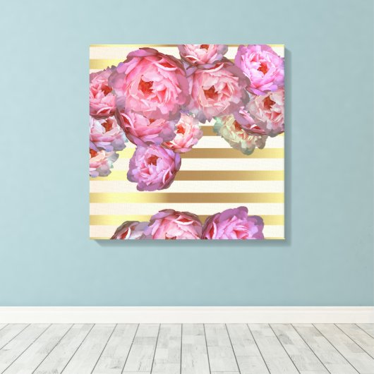 Stijlvolle roze volken op gouden horizontale strep canvas afdruk (Insitu (Houten vloer))