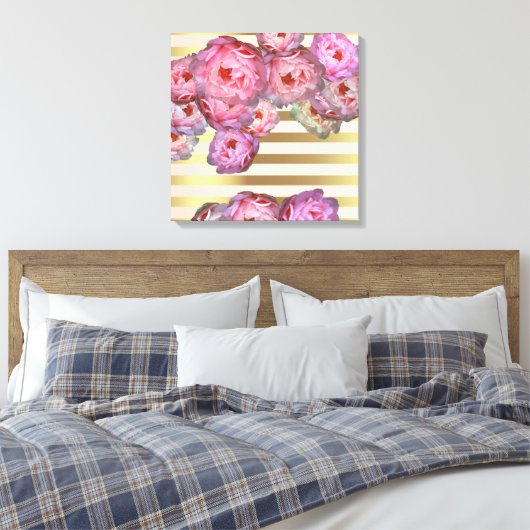 Stijlvolle roze volken op gouden horizontale strep canvas afdruk (Insitu (Slaapkamer))