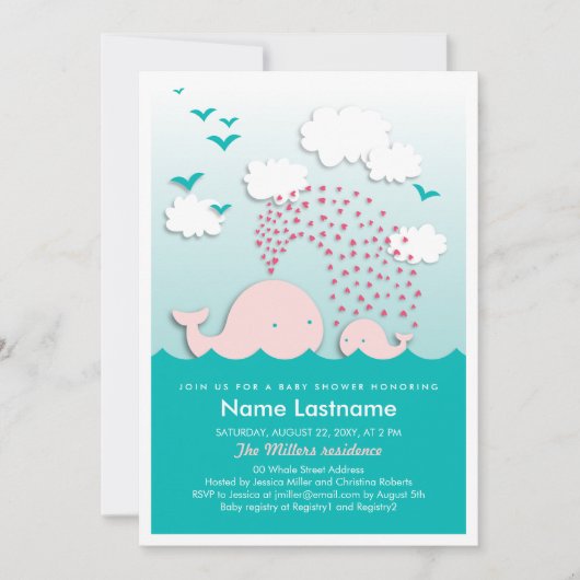 Stijlvolle Roze Walvissen Harten Mint Baby shower Kaart (Voorkant)