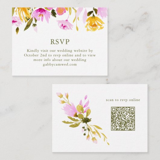 Stijlvolle Roze Waterverf Bloemenbruiloft RSVP QR Informatiekaartje (Voorkant / Achterkant)