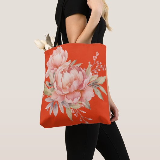 Stijlvolle roze wilde bloemen, tomatenrode Canvas  Tote Bag (Dichtbij)