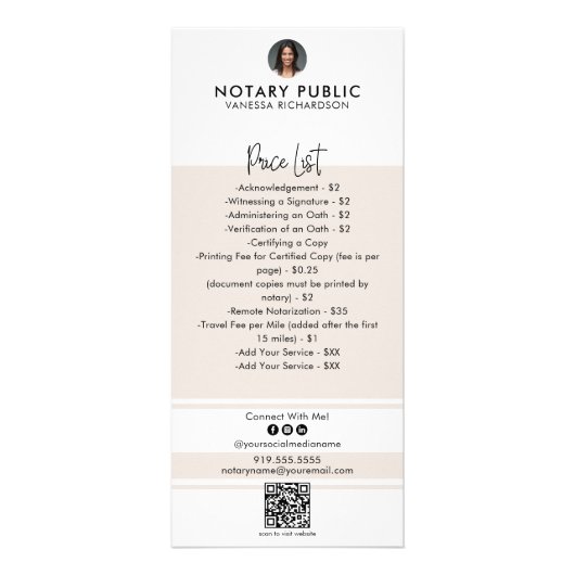 Stijlvolle Roze & Wit QR Code Notaris prijslijst Reclamekaart (Voorkant)