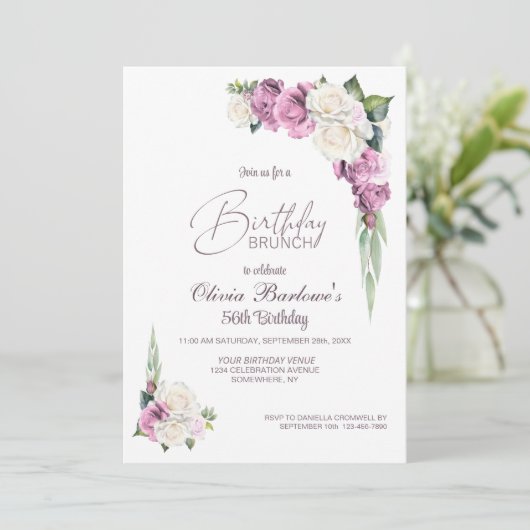 Stijlvolle Roze Witte Roos Bloemen Verjaardag Brun Kaart (Staand voorkant)