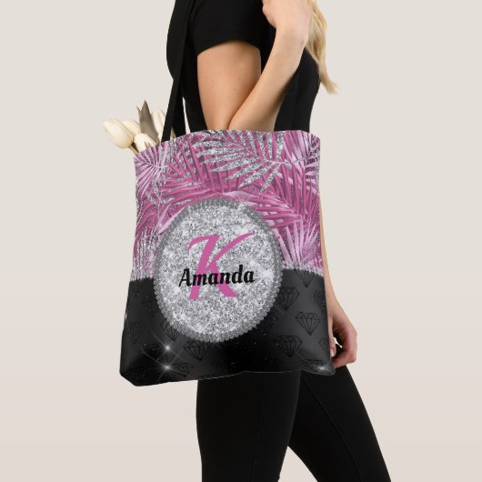 Stijlvolle roze zilverglitter verlaat monogram tote bag (Dichtbij)