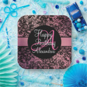 Stijlvolle roze zwarte Floral Monogram Birthday Papieren Bordje (Feest)