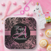 Stijlvolle roze zwarte Floral Monogram Birthday Papieren Bordje (Feest)