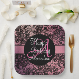 Stijlvolle roze zwarte Floral Monogram Birthday Papieren Bordje
