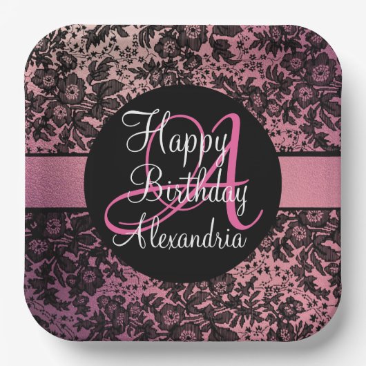 Stijlvolle roze zwarte Floral Monogram Birthday Papieren Bordje (Voorkant)