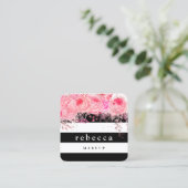 Stijlvolle roze zwarte witte strepen make-up vierkante visitekaartje (Staand voorkant)