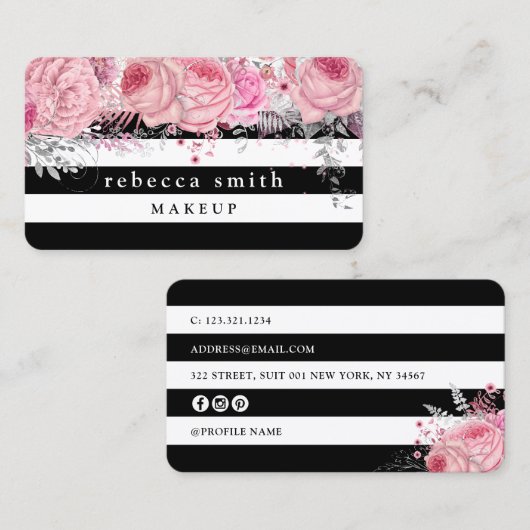 Stijlvolle roze zwarte witte strepen make-up visitekaartje (Voorkant / Achterkant)