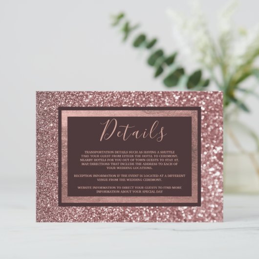 Stijlvolle rozen gouden bordeaux glitter Details Informatiekaartje (Staand voorkant)