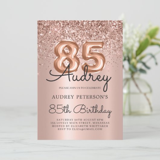 Stijlvolle Rozen Gouden Glitterballon 85e verjaard Kaart (Staand voorkant)
