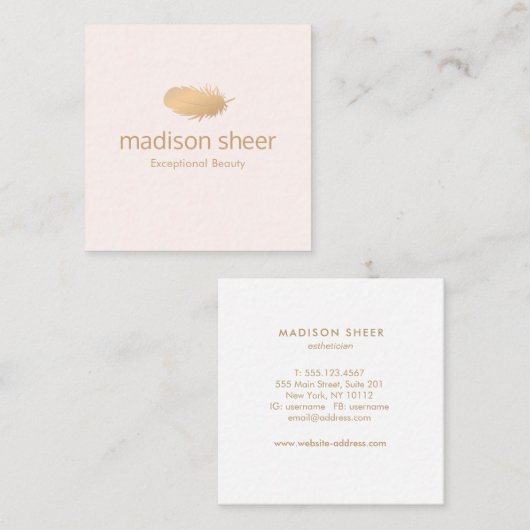 Stijlvolle Rozen gouden veren licht blush roze Vierkante Visitekaartje (Voorkant / Achterkant)