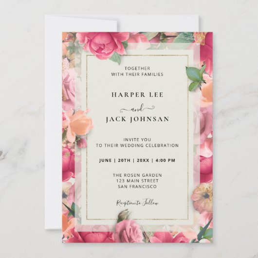 Stijlvolle Rozen tuin gouden Lijst bruiloft uitnod Kaart (Voorkant)