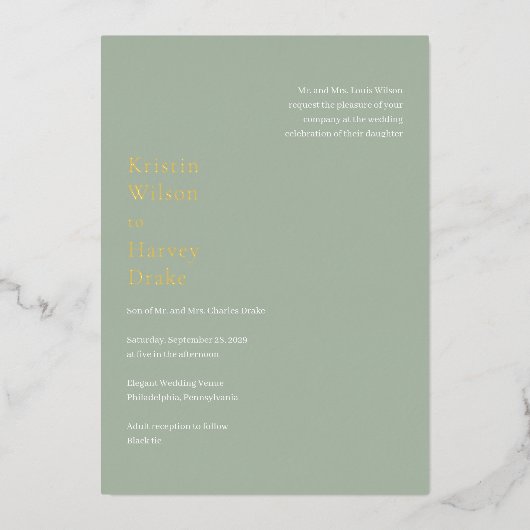 Stijlvolle Sage Green Modern Wedding Folie Uitnodiging (Voorkant)