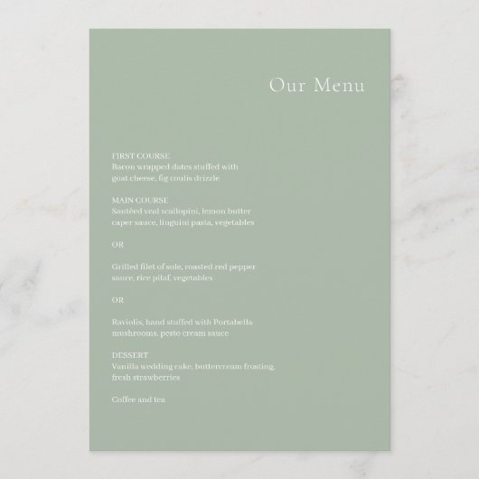 Stijlvolle Sage Green Modern Wedding Menu (Voorkant)