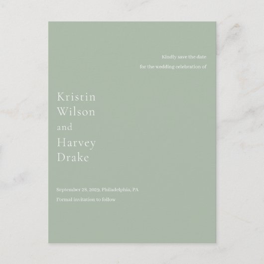 Stijlvolle Sage Green Modern Wedding Save the Date Aankondigingskaart (Voorkant)