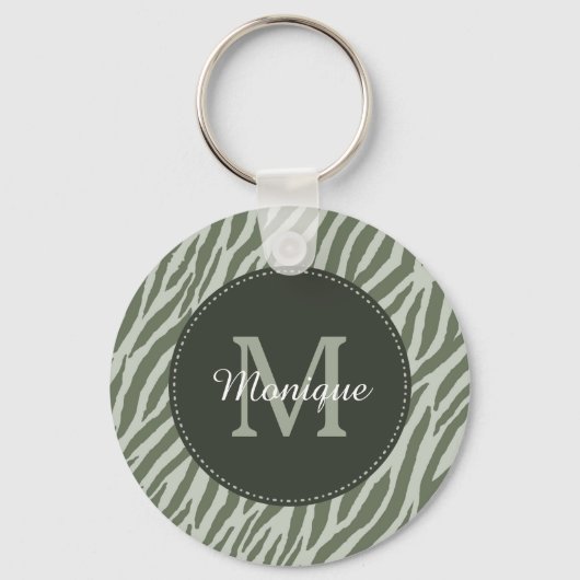 Stijlvolle Sage Green Zebra Print Monogram en naam Sleutelhanger (Voorkant)
