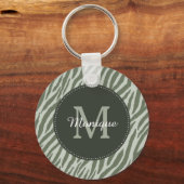 Stijlvolle Sage Green Zebra Print Monogram en naam Sleutelhanger (Voorkant)