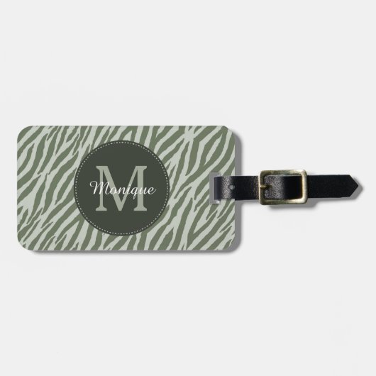 Stijlvolle Salie Groene Zebraprint Monogram en Naa Bagagelabel (Voorkant horizontaal)