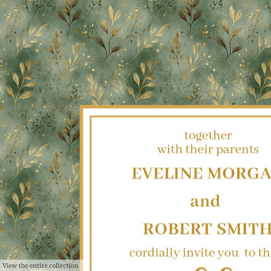 Stijlvolle saliegroen gouden bladervulling trouwui kaart