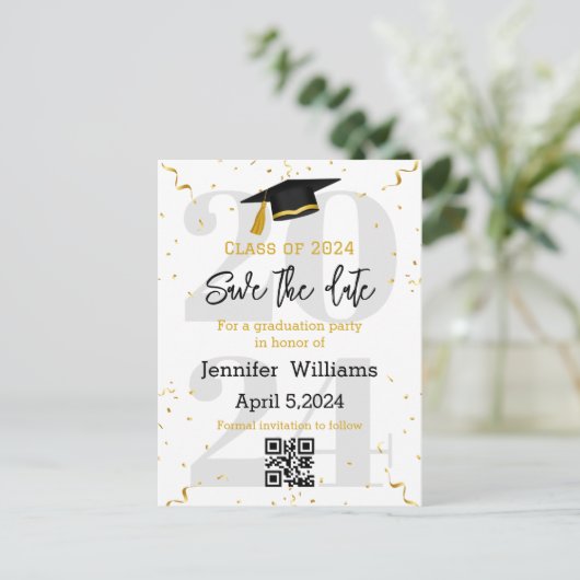 Stijlvolle Save the Date QR Code afstuderen 2025 Aankondigingskaart (Staand voorkant)