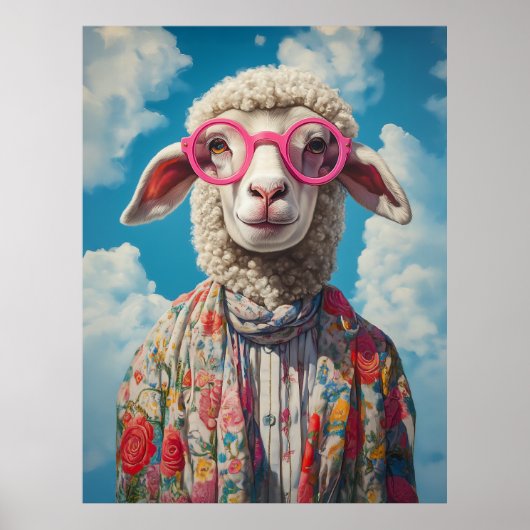 Stijlvolle Schaap Roze Brillen Bloemen Kleding Bla Poster (Voorkant)