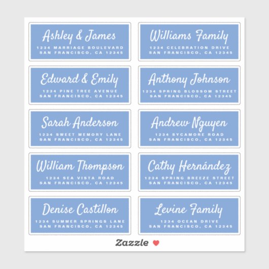 Stijlvolle schrift blauwe trouwgast adreslabels sticker (Vel)