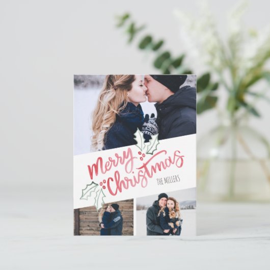 Stijlvolle schuine waterverf Kerstmis 3-foto Feestdagenkaart (Staand voorkant)