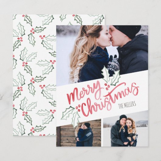Stijlvolle schuine waterverf Kerstmis 3-foto Feestdagenkaart (Voorkant / Achterkant)