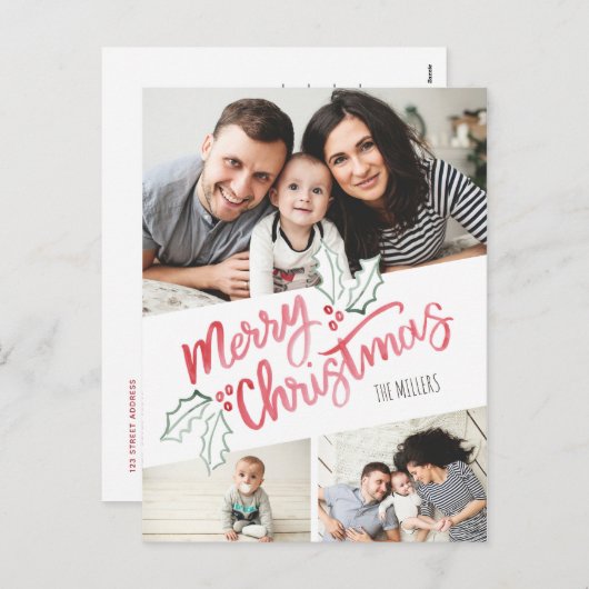 Stijlvolle schuine Waterverf Vrolijk kerstfeest 3- Feestdagenkaart (Voorkant / Achterkant)