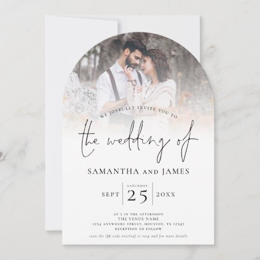 Stijlvolle Script 2 foto's overlay QR Code Wedding Kaart (Voorkant)