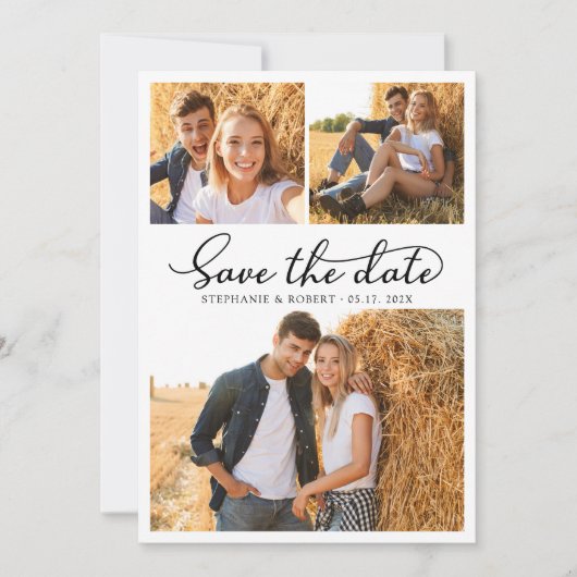 Stijlvolle Script 3 Foto Collage Trouwen Save The Date (Voorkant)