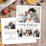 Stijlvolle Script Collage Familie foto's Kerstmis Briefkaart<br><div class="desc">Minimalistische, stijlvolle elegante kalligrafie zwart-wit 4 fotocollage "Merry Christmas" Script Holiday Christmas Briefkaarten. Deze feestelijke, eenvoudige vier (4) foto vakantie kaart sjabloon beschikt over een fotocollage en zegt "Vrolijk kerstfeest"! De begroetingstekst "Vrolijk kerstfeest" is geschreven in een prachtig handgeschreven grillige wervelige swash-tail lettertype in zwart op witte kleur achtergrond. Op...</div>