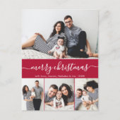 Stijlvolle Script Familie Fotocollage Rode Kerstmi Briefkaart (Voorkant)