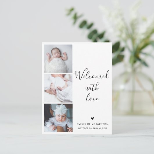 Stijlvolle Script Minimalist 3 Foto Baby Dank u Briefkaart (Staand voorkant)