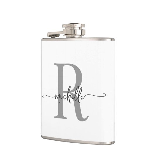 Stijlvolle Script Modern Wit Grijs Monogram Naam Heupfles (Links)