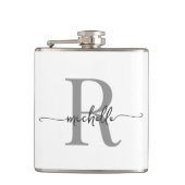Stijlvolle Script Modern Wit Grijs Monogram Naam Heupfles (Voorkant)