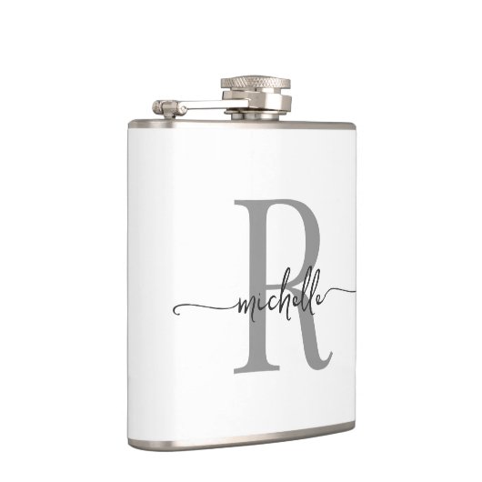 Stijlvolle Script Modern Wit Grijs Monogram Naam Heupfles (Rechts)