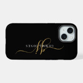 Stijlvolle script monogram initialen goud zwart iPhone 15 case (Achterkant horizontaal)