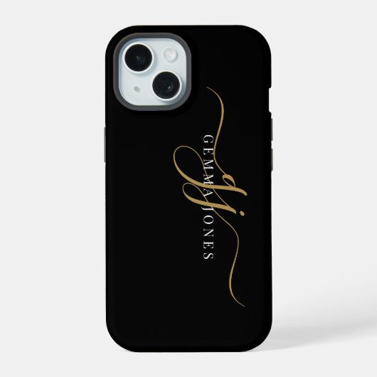 Stijlvolle script monogram initialen goud zwart iPhone 15 case (Achterkant)